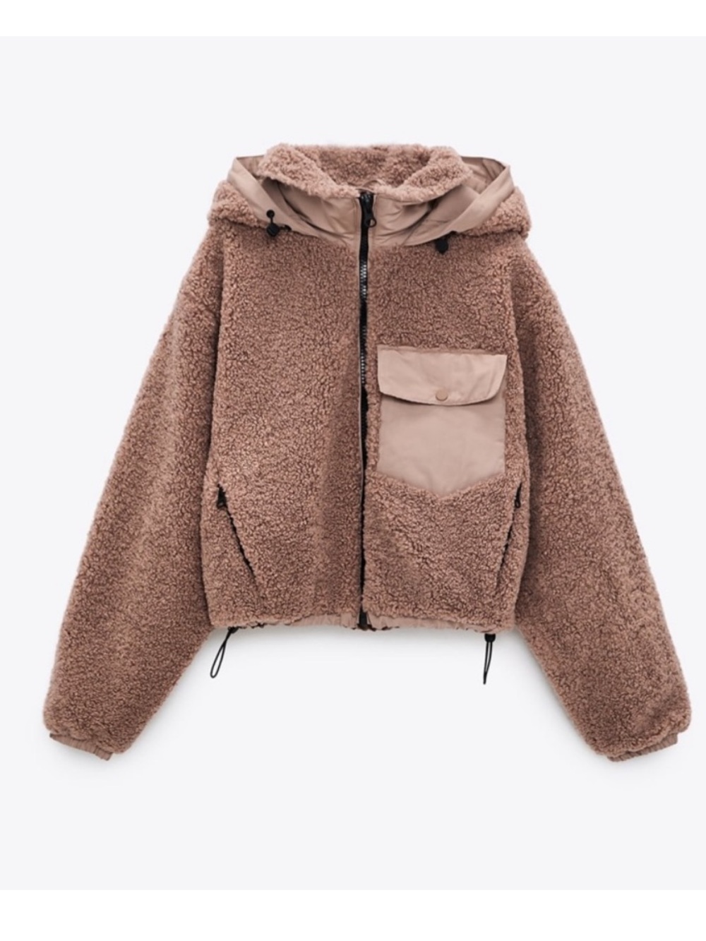 ZARA Sherpa Contrast Hooded Bomber Jacket size Medium Teddy - Picture 3 of 10